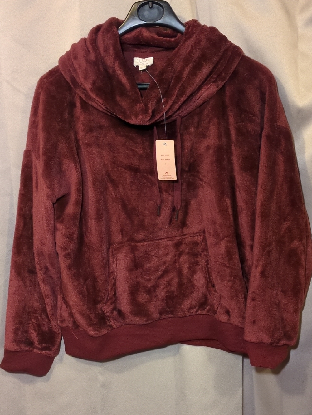 Pink Rose Plush Maroon Hooded Pullover Sweatshirt